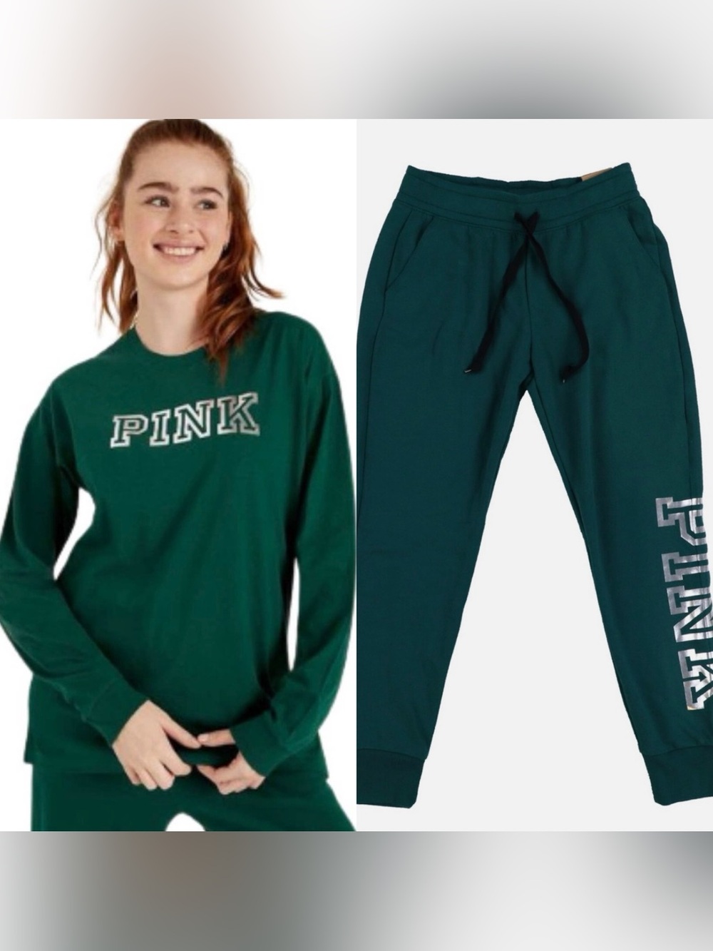 PINK Victoria's Secret Forest Green long sleeve tee XL & Joggers LARGE 2 piece